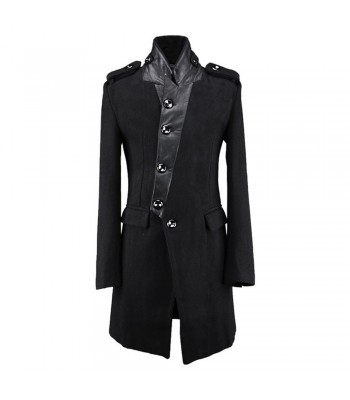 Men Long Trench Coat Gothic Stand Collar British Coat Medium Long Patchwork Wool Coat